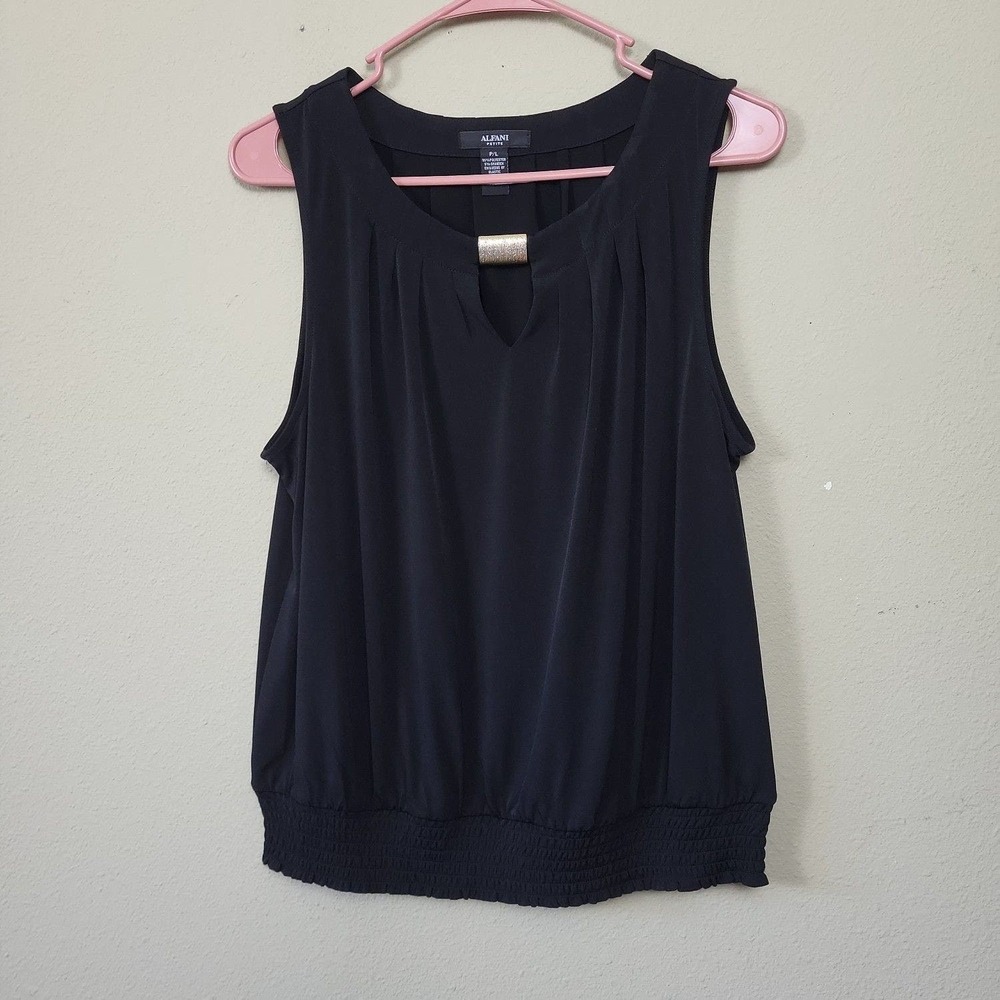 Alfani Women's L Petite Sleeveless Black Blouse‎ Gold Beaded Keyhole Tank